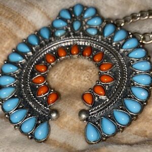 Turquoise and red squash blossom necklace